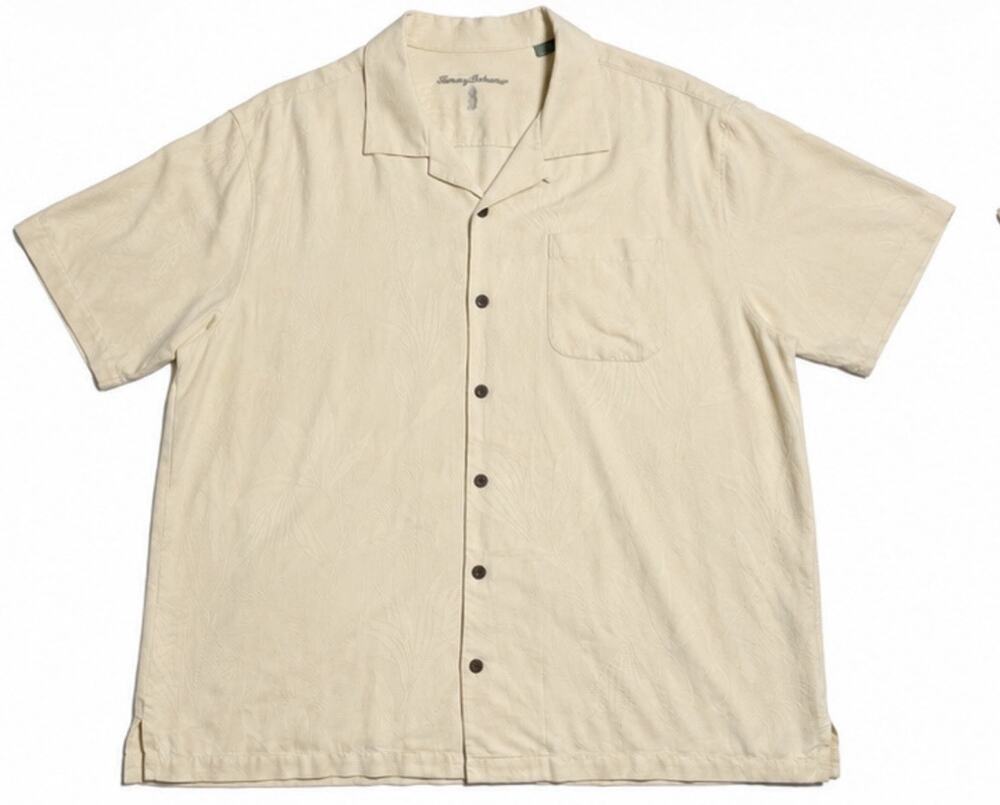 Tommy Bahama Men XL Cream Silk Hawaiian Shirt Tonal Tropical Jacquard Camp
